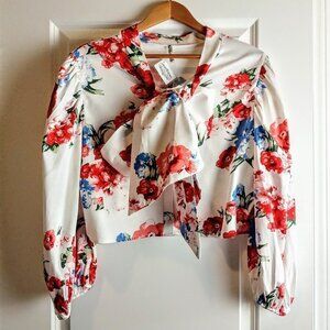 Auditions White Cotton Floral Tie Crop Top NWT